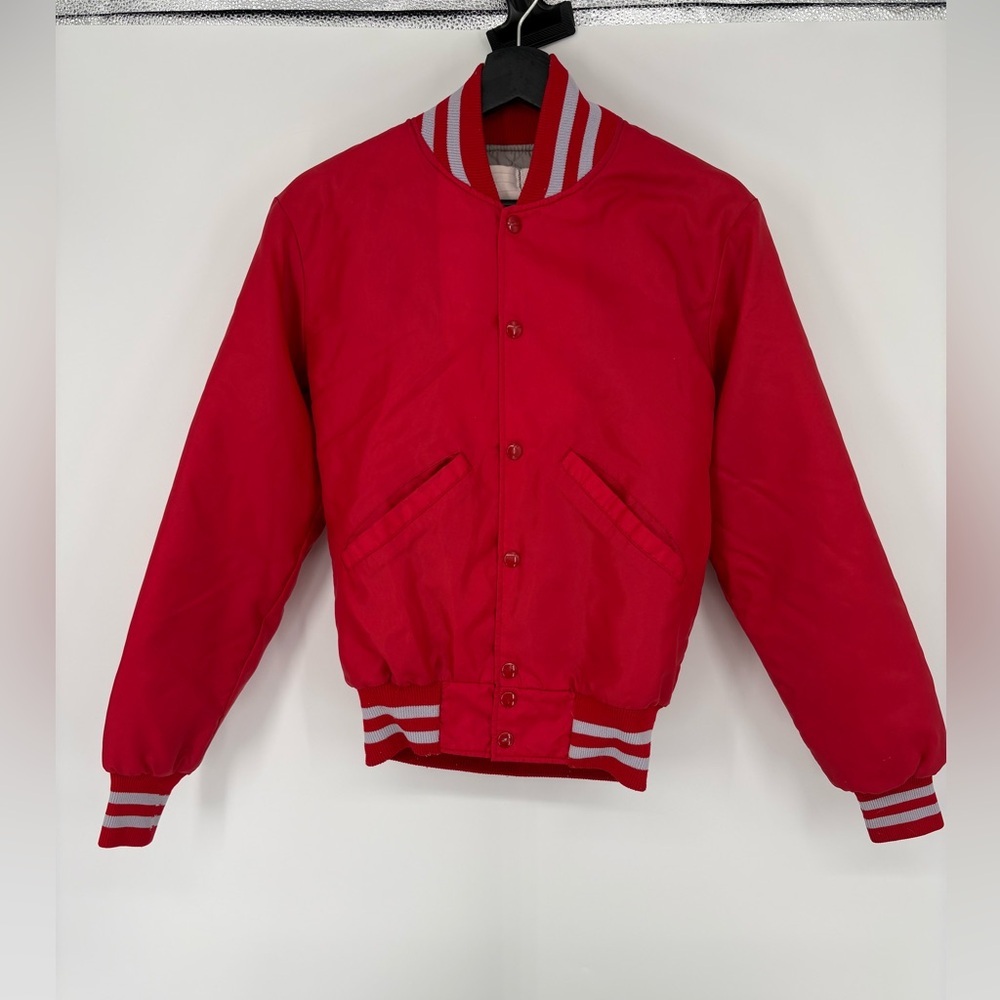 DeLong Sportswear Vintage Red Varsity Jacket with White Stripes